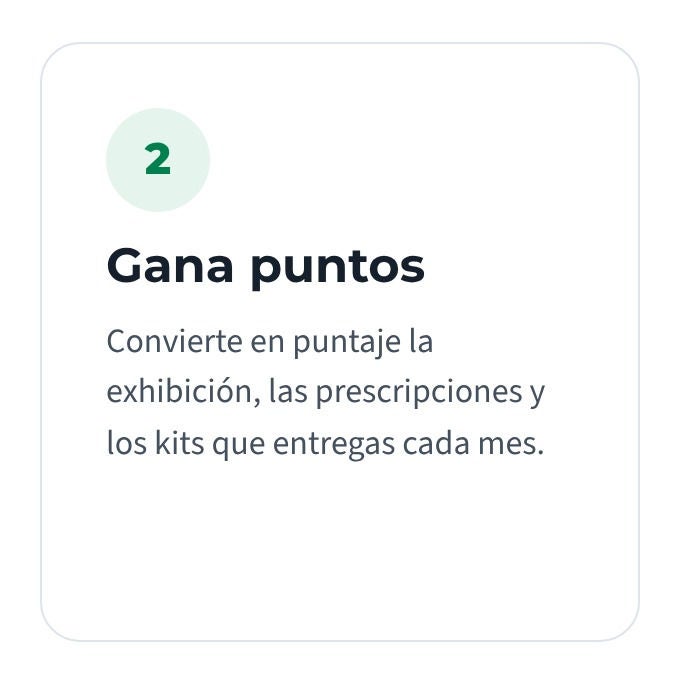 Gana Puntos:  Convierte en puntaje la exhibición, las prescripciones y los kits que entregas cada mes. 