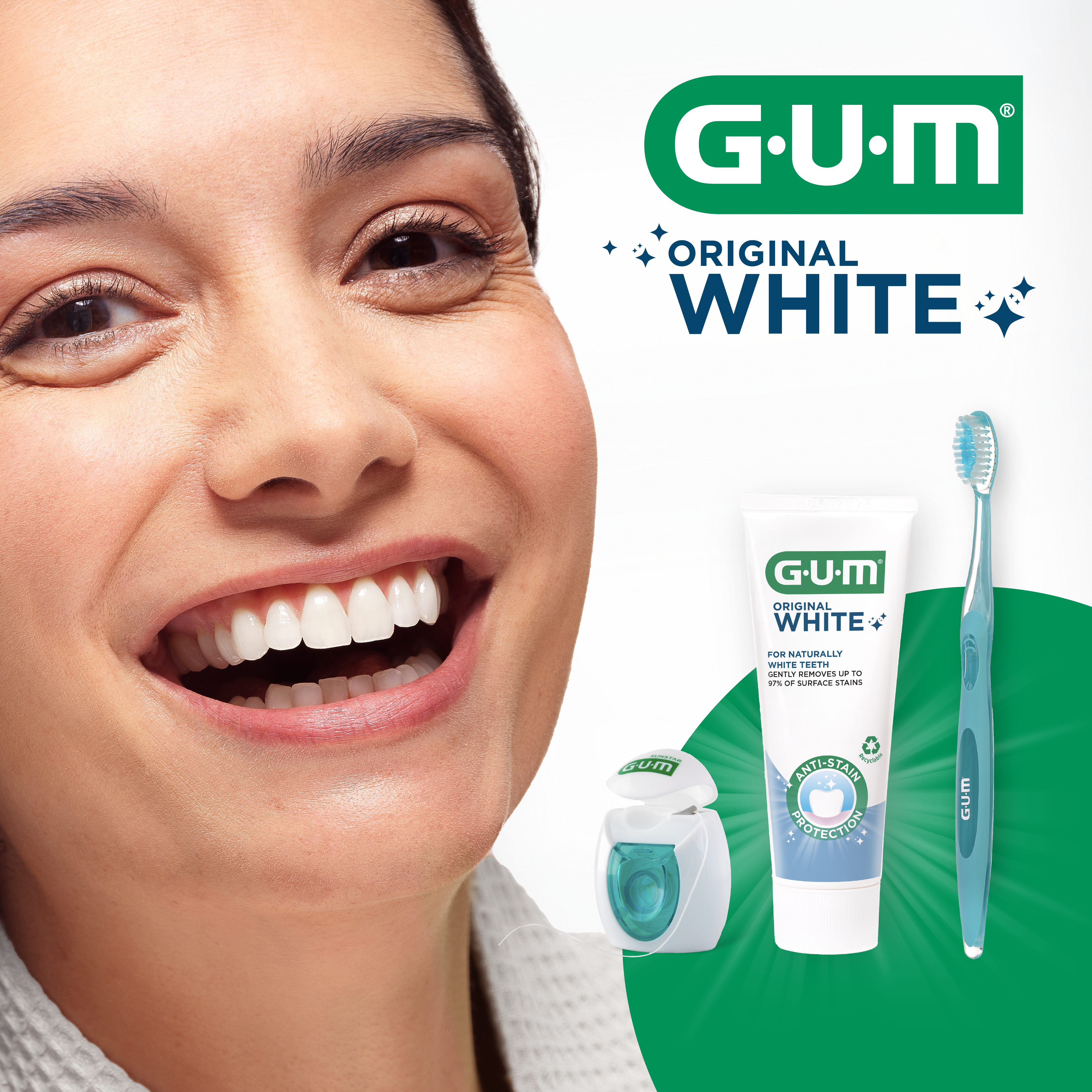 Smiling woman with her GUM products: GUM ORIGINAL WHITE floss, GUM ORIGINAL WHITE toothpaste, GUM ORIGINAL WHITE manual toothbrush 