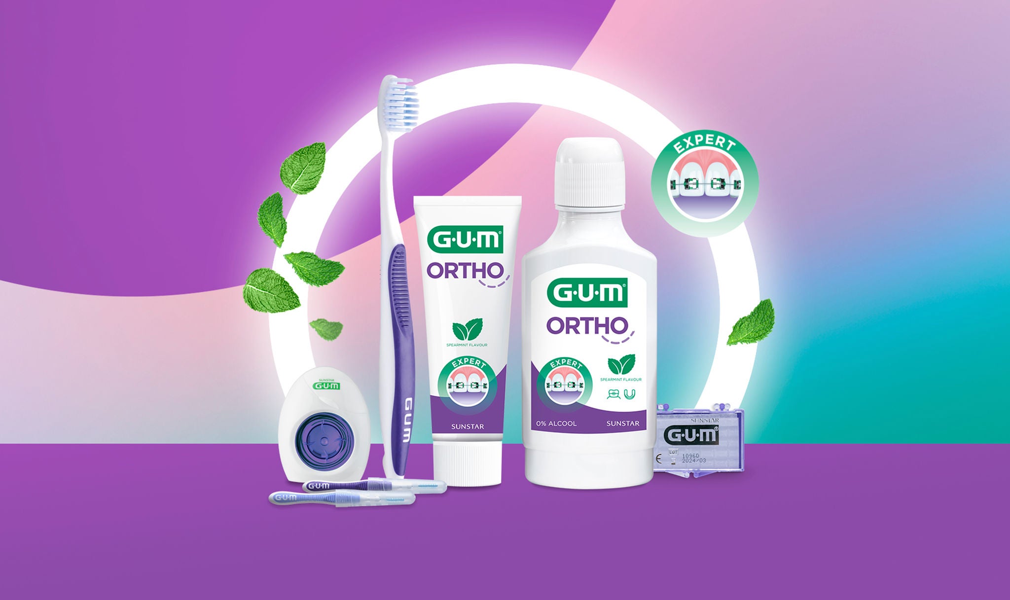 Gamme GUM ORTHO en cercle comprenant le fil dentaire ORTHO, les brossettes interdentaires GUM-LER, le dentifrice ORTHO, le bain de bouche ORTHO, la cire ORTHO