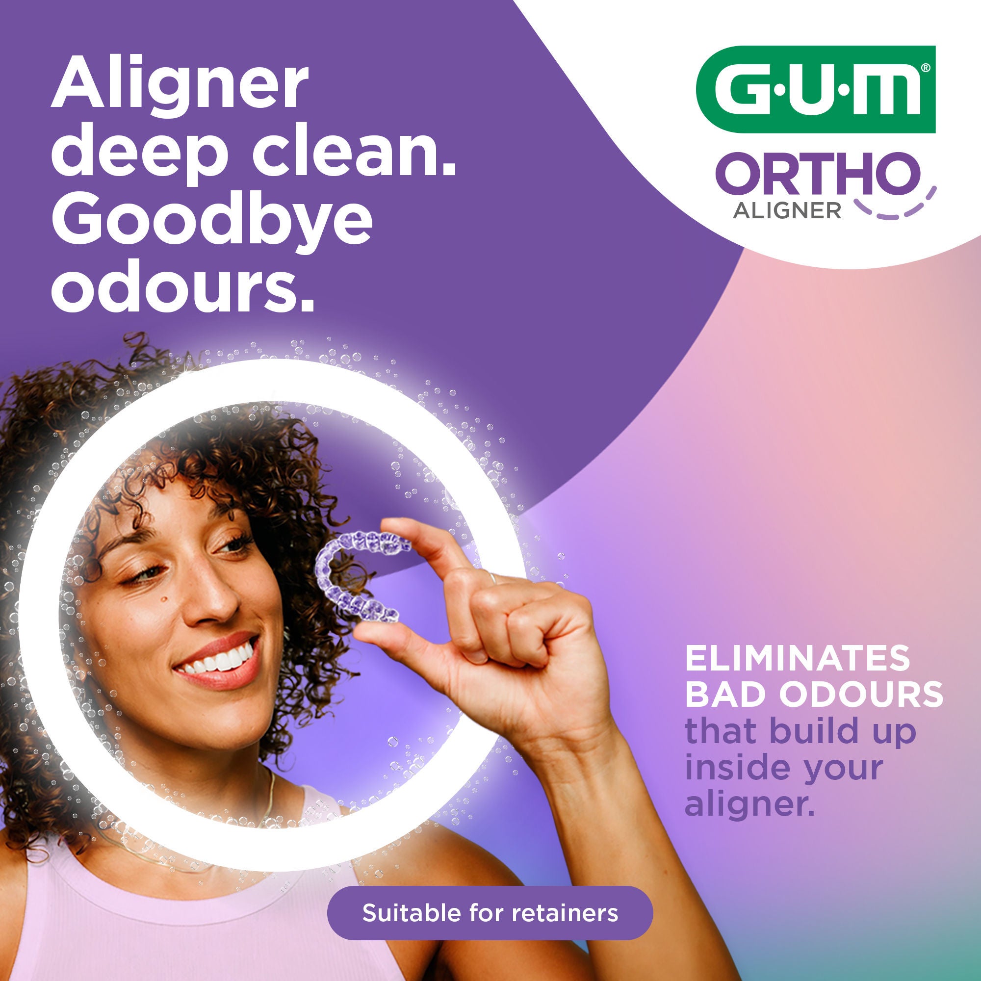GUM ORTHO Aligner and Smiling Lady with Aligner in Hand