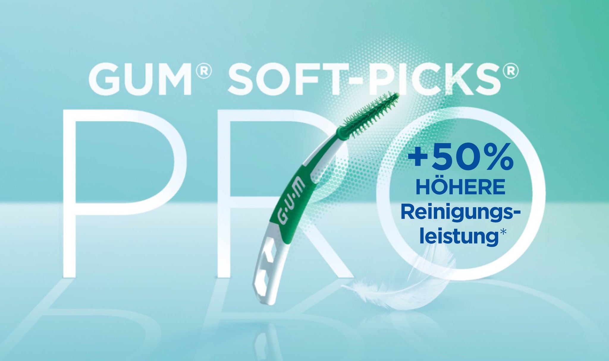 GUM SOFT-PICKS-PRO Interdentalreiniger, eine Feder und ein eingekreistes Symbol mit +50% für eine hervorragende Reinigung