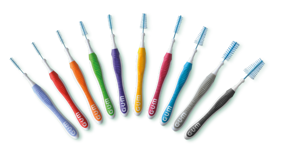 GUM TRAV-LER Interdental Brush afgebeeld als een waaier in verschillende maten en kleuren