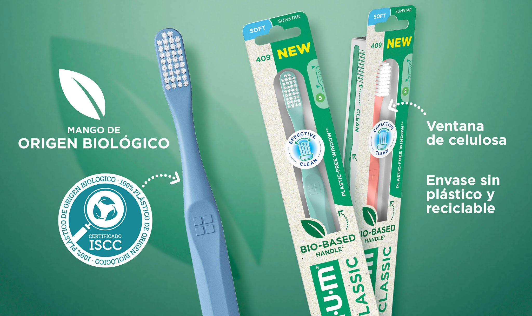 Cepillo GUM CLASSIC, suelto y en blíster, con sus características de sostenibilidad