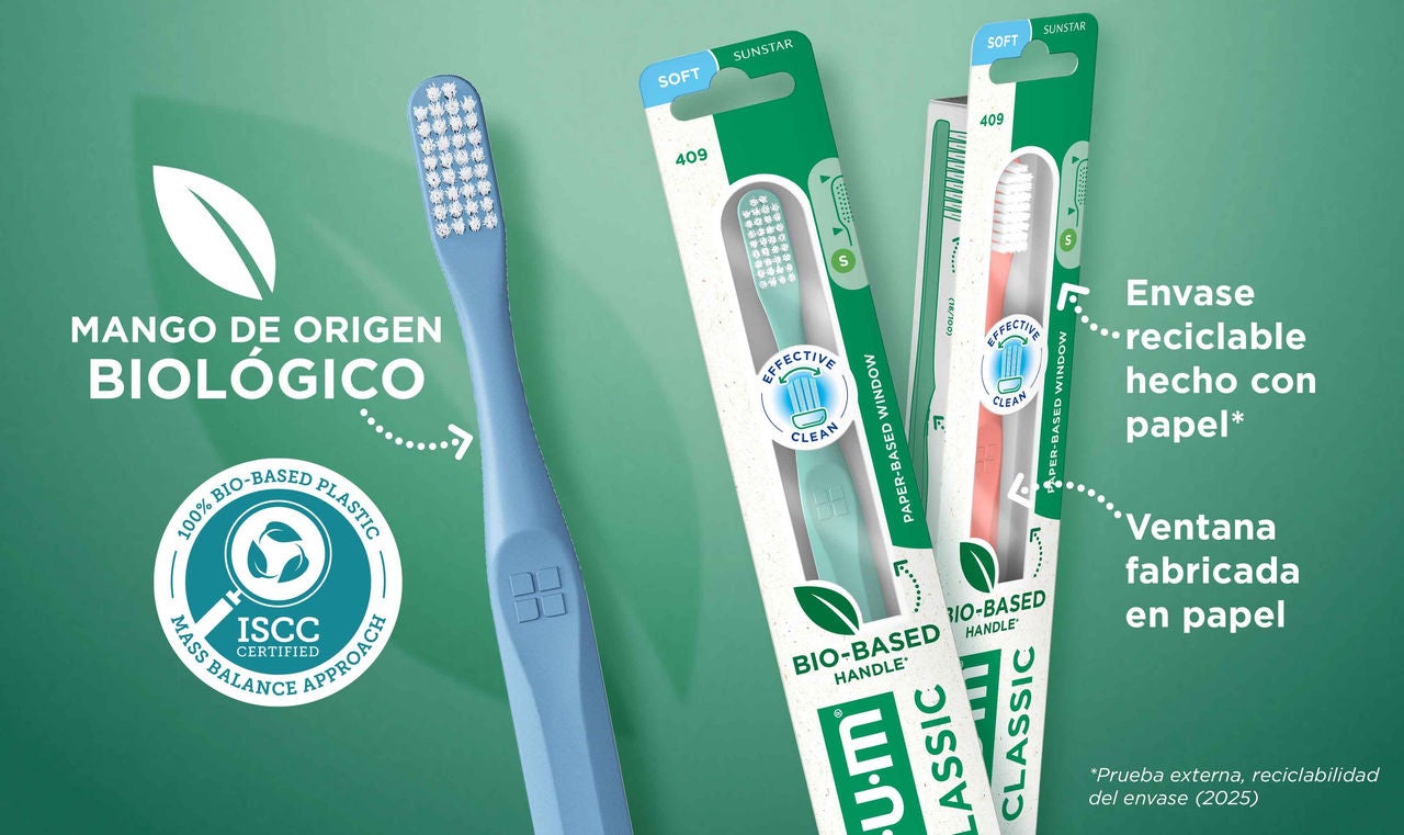 Cepillo GUM CLASSIC, suelto y en blíster, con sus características de sostenibilidad