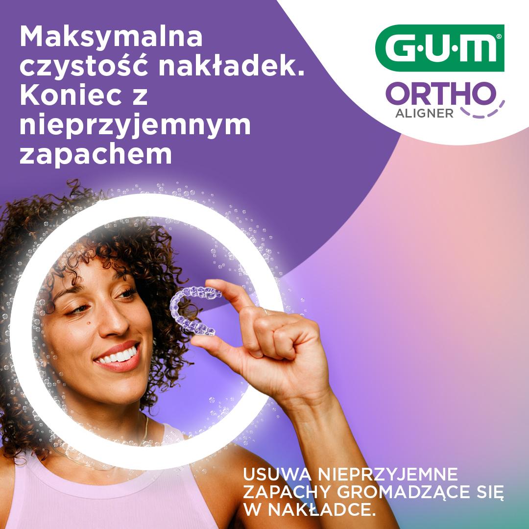Naparciak GUM ORTHO i uśmiechnięta kobieta z naparciakiem w dłoni