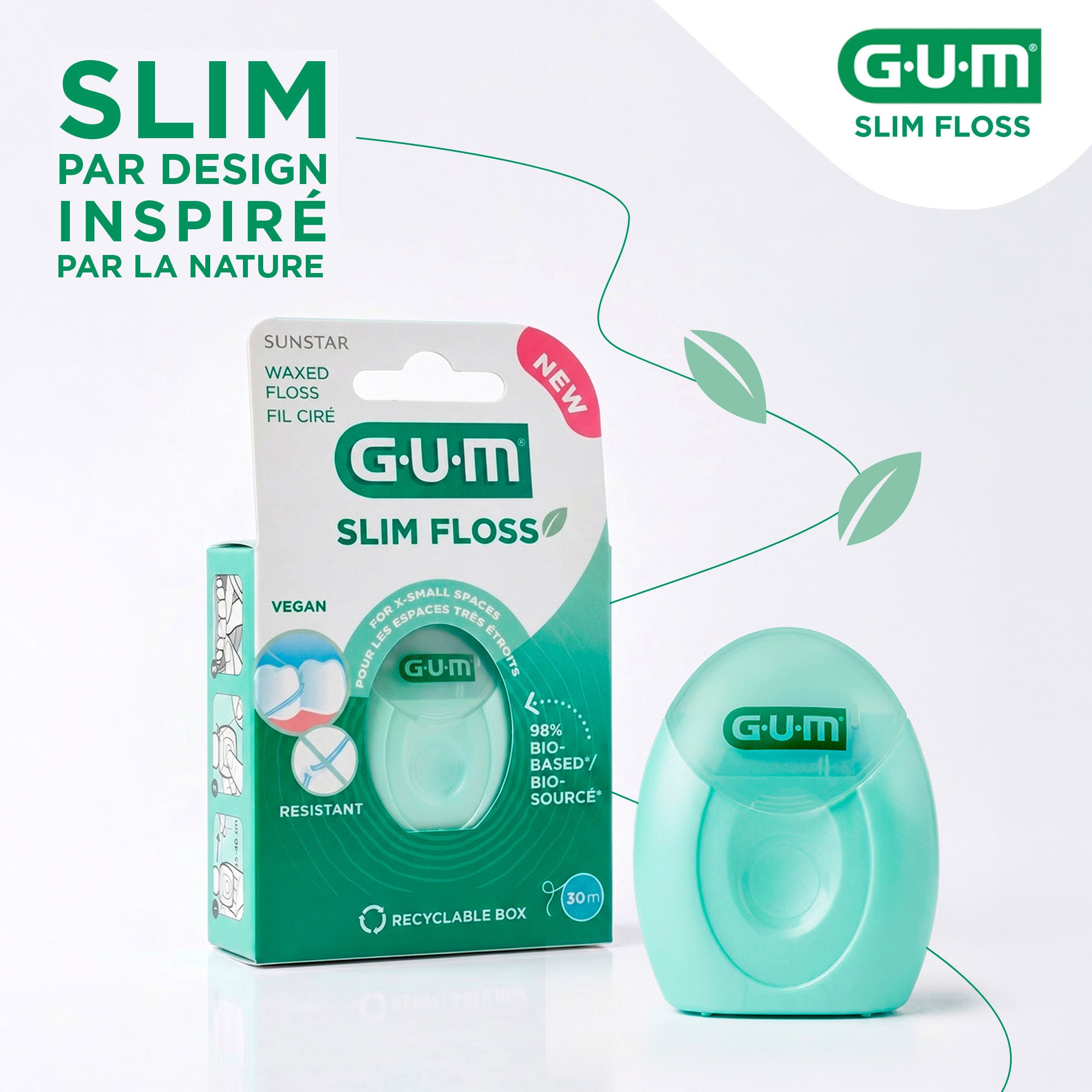 Emballage de GUM SLIM FLOSS contenant le produit seul et 2 notices