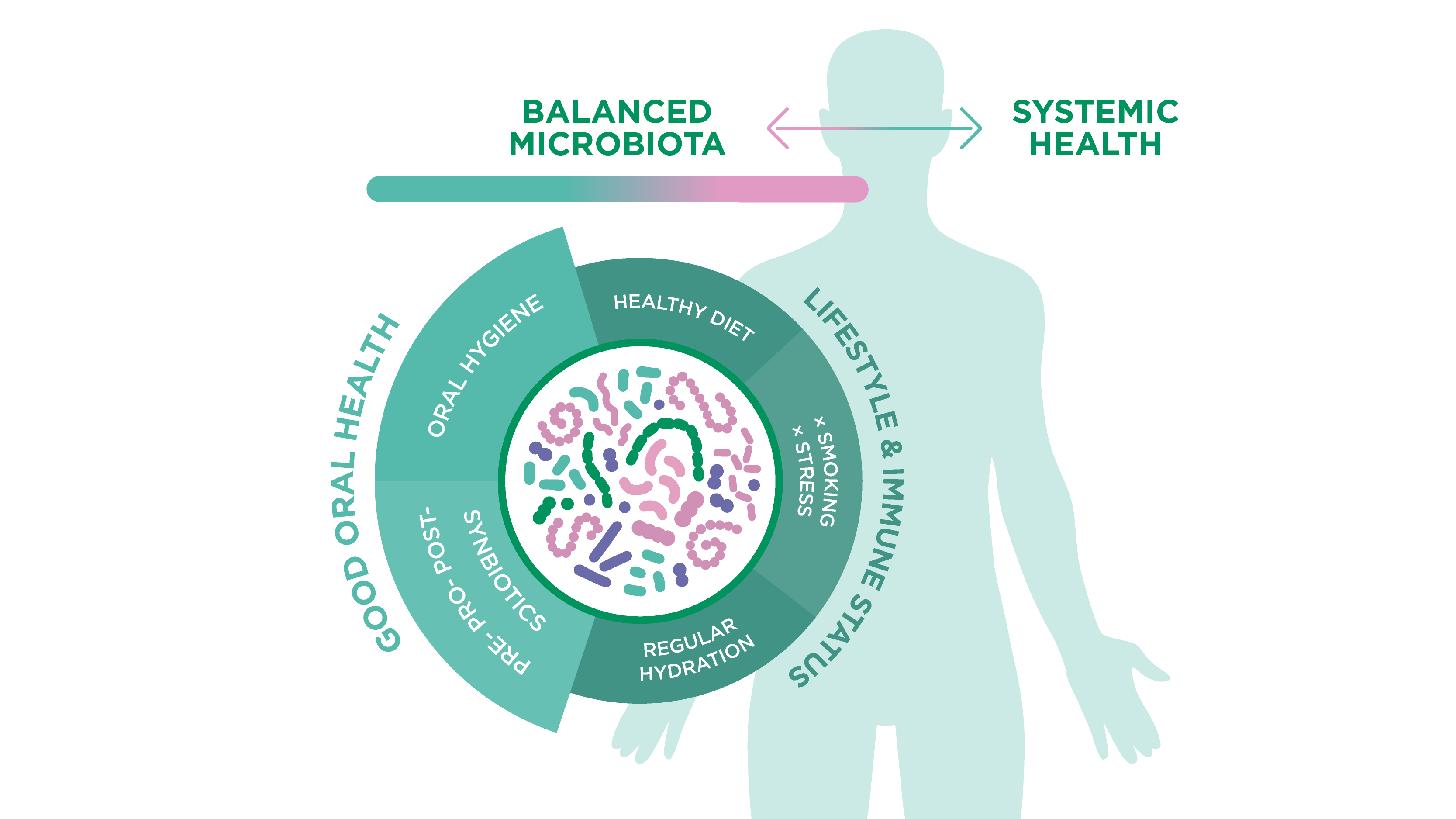 Empowering Self-Care for Lasting Health Diagram showing how a balanced oral microbiota, supported through daily self-care habits, connects to systemic health outcomes 