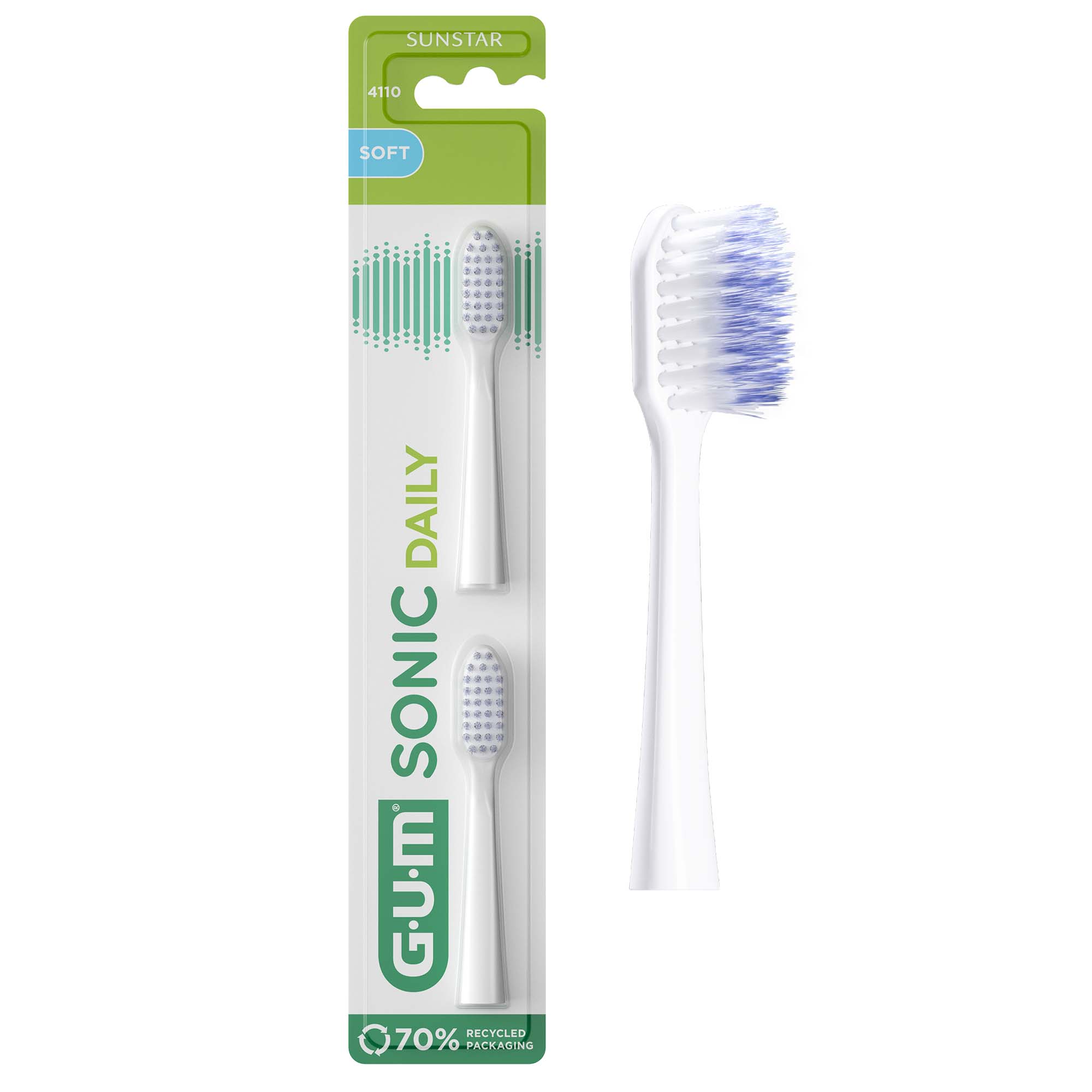 Toothbrush head, 2-pack, soft bristles, English/French, 70% recycled packaging, 4110 model, 1200x1200 resolution.