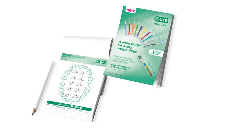 GUM Interdentale Size Indicator voorschrijfblok met een mond weergegeven als infographic