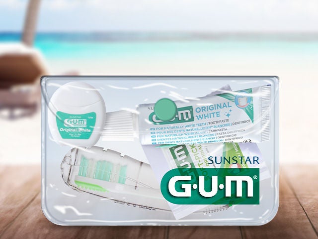 GUM TRAVEL Kit into a pouch with a summer background