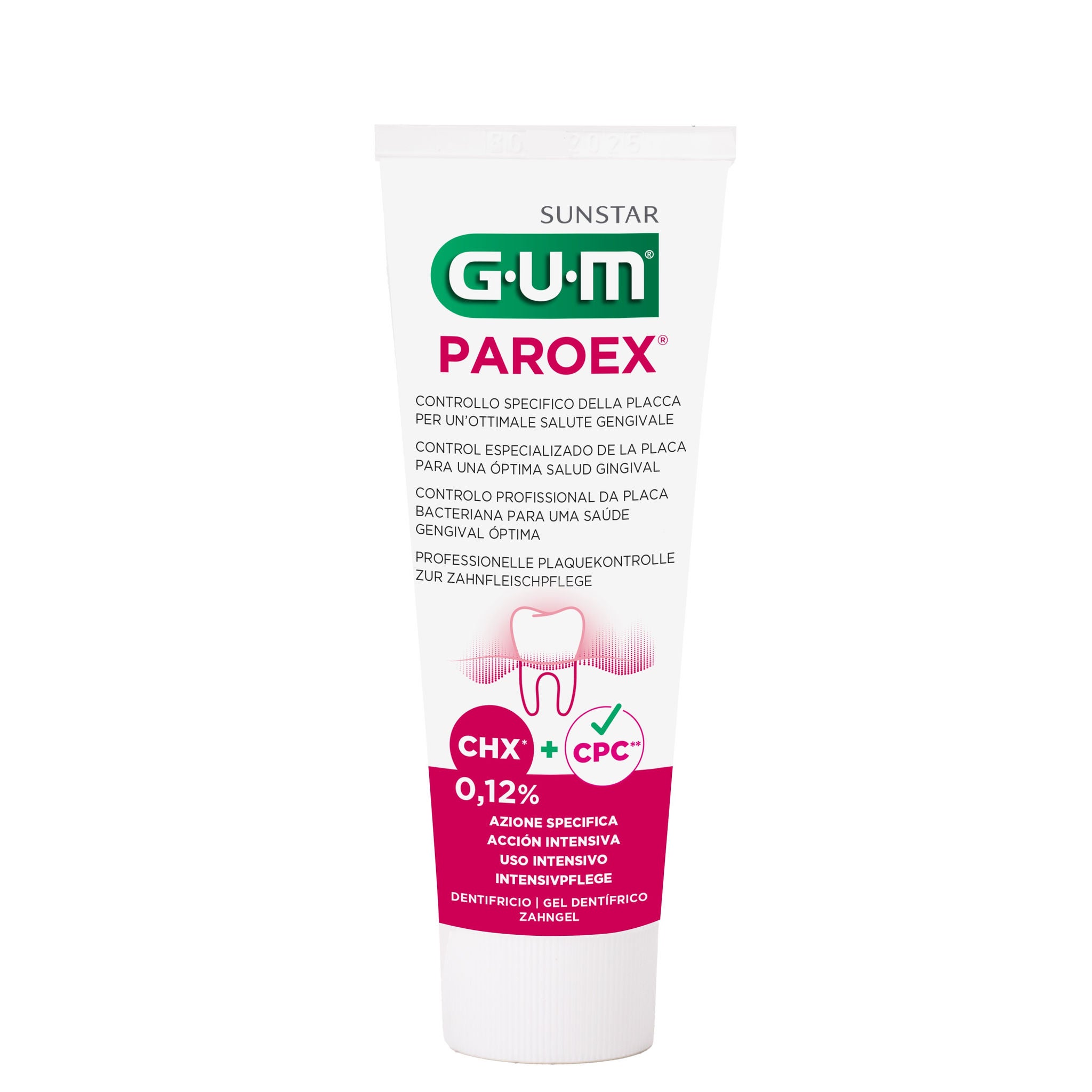 Tubo de pasta de dientes con clorhexidina GUM PAROEX tratamiento