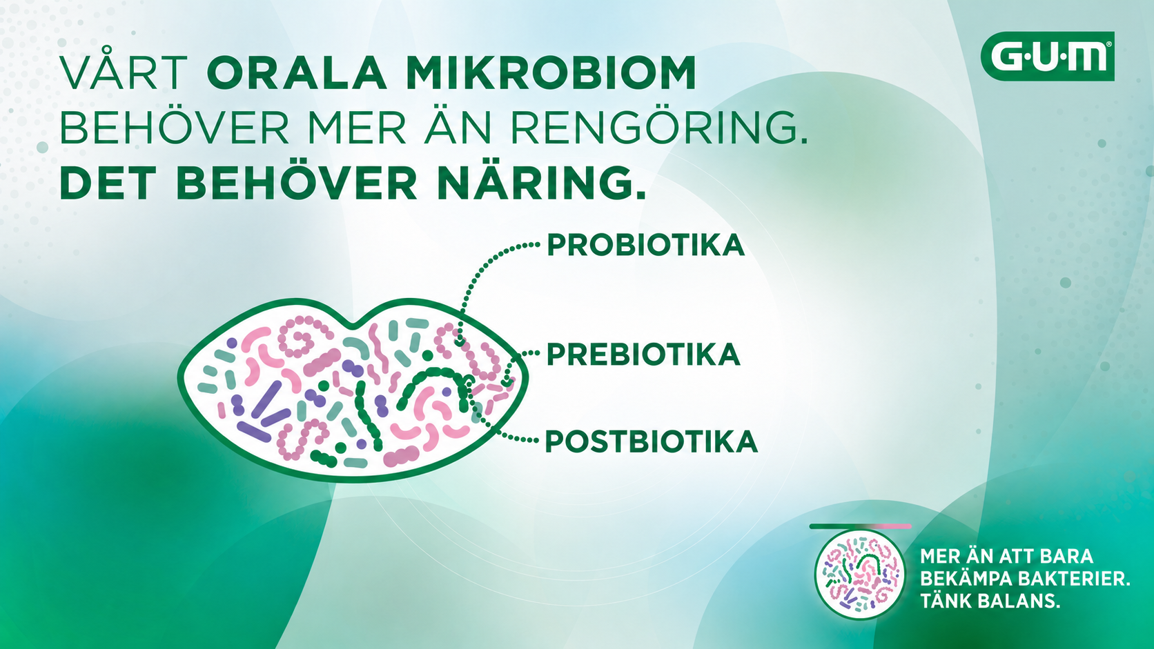 Bilden visar att munnen behöver tillskott av pro-pre- och postbiotika för att stärka den naturliga balansen i det orala mikrobiomet