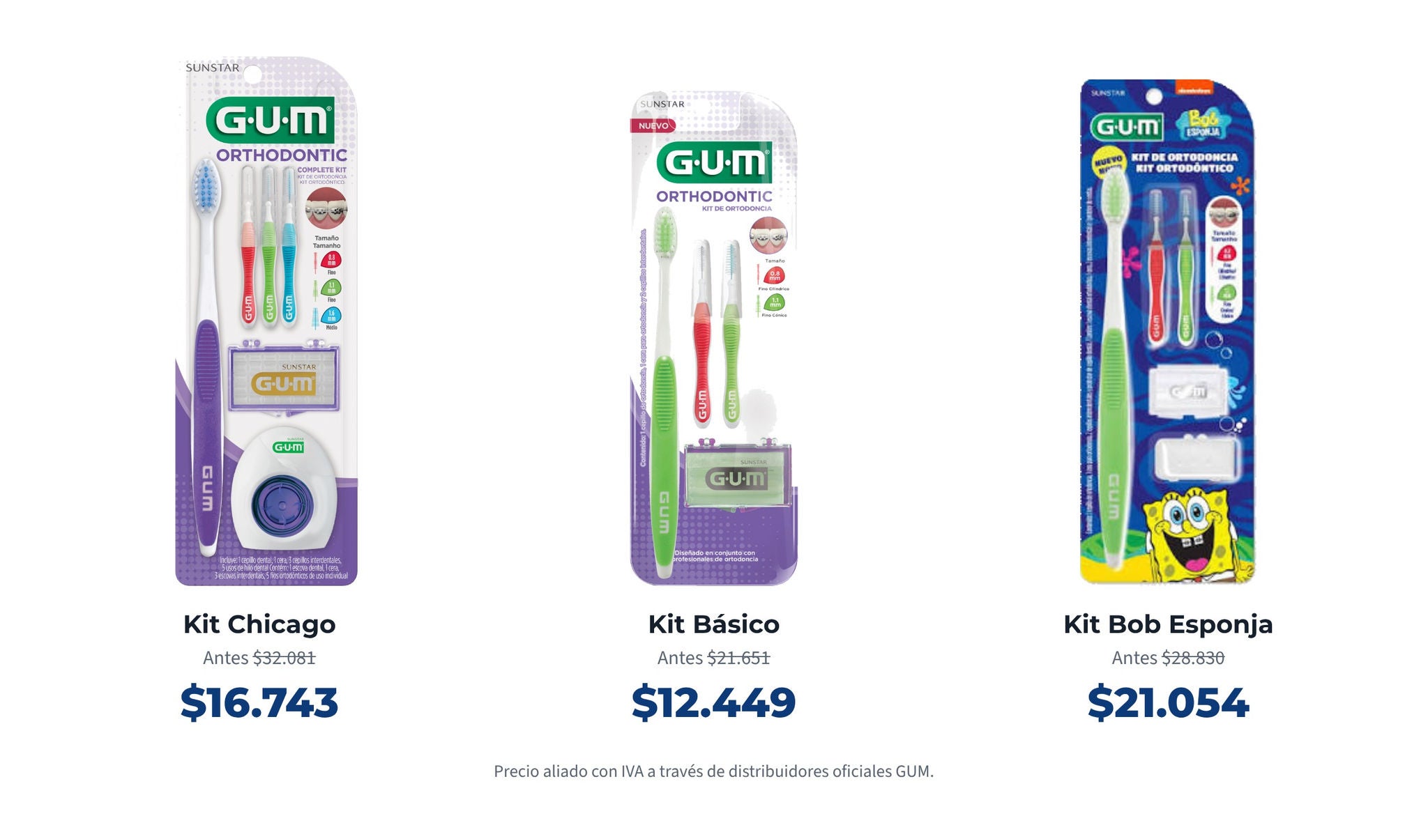 Kit Chicago antes $32.081, ahora $16.743. Kit Basico antes $21.651, ahora $12.449. Kit Bob Esponja antes $28.830, ahora $21.054