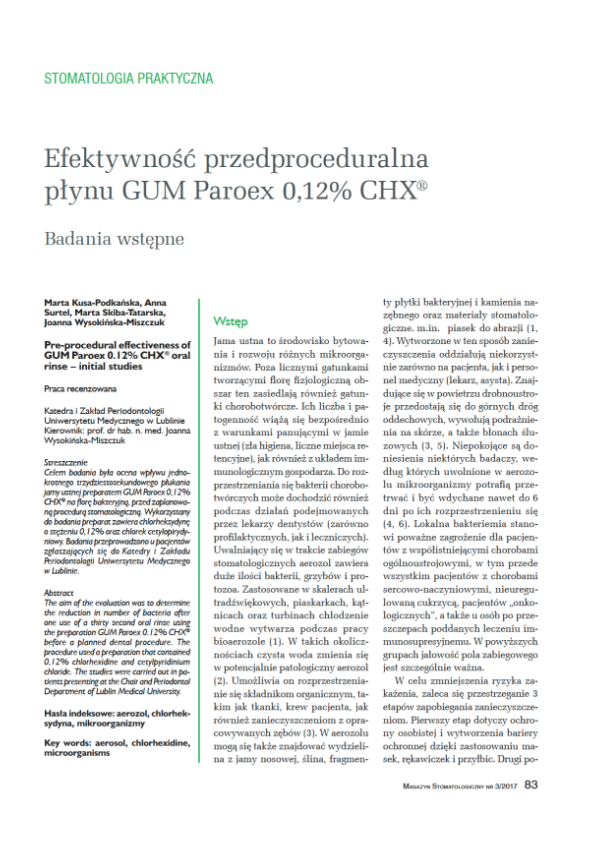 Artykuł "Efektywność przedproceduralna płynu PAROEX® 0,12% CHX"