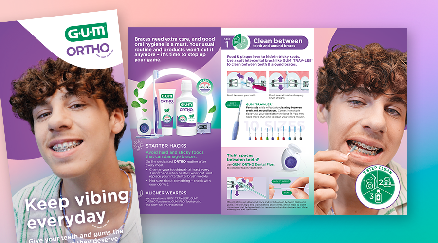 Brochure with GUM ORTHO range and ORTHO toothbrush and smiling teenager with braces