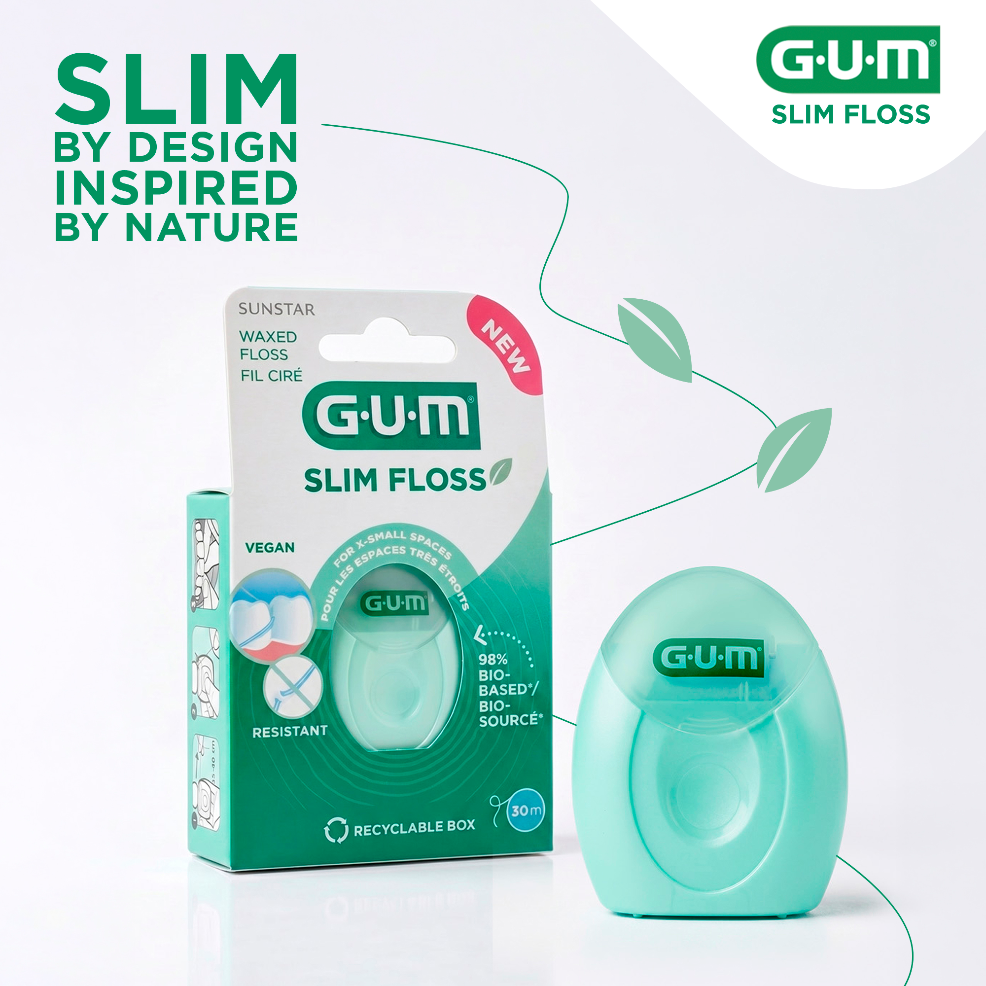 GUM SLIM FLOSS packaging with naked product and 2 leafs