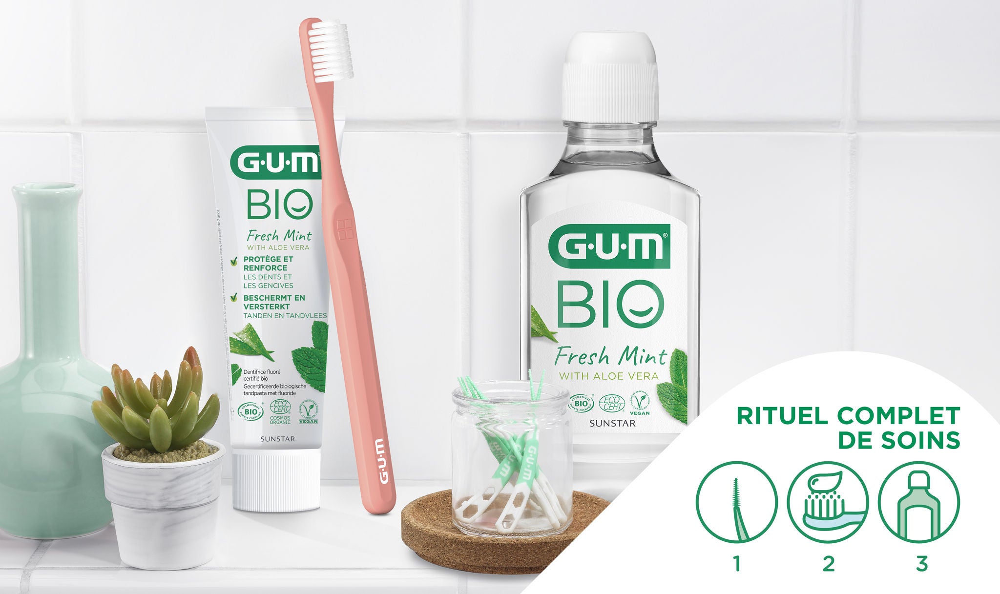 Daily care ritual with GUM SOFT-PICKS PRO Interdental pick, GUM CLASSIC toothbrush, GUM BIO toothpaste and GUM BIO Mouthwash