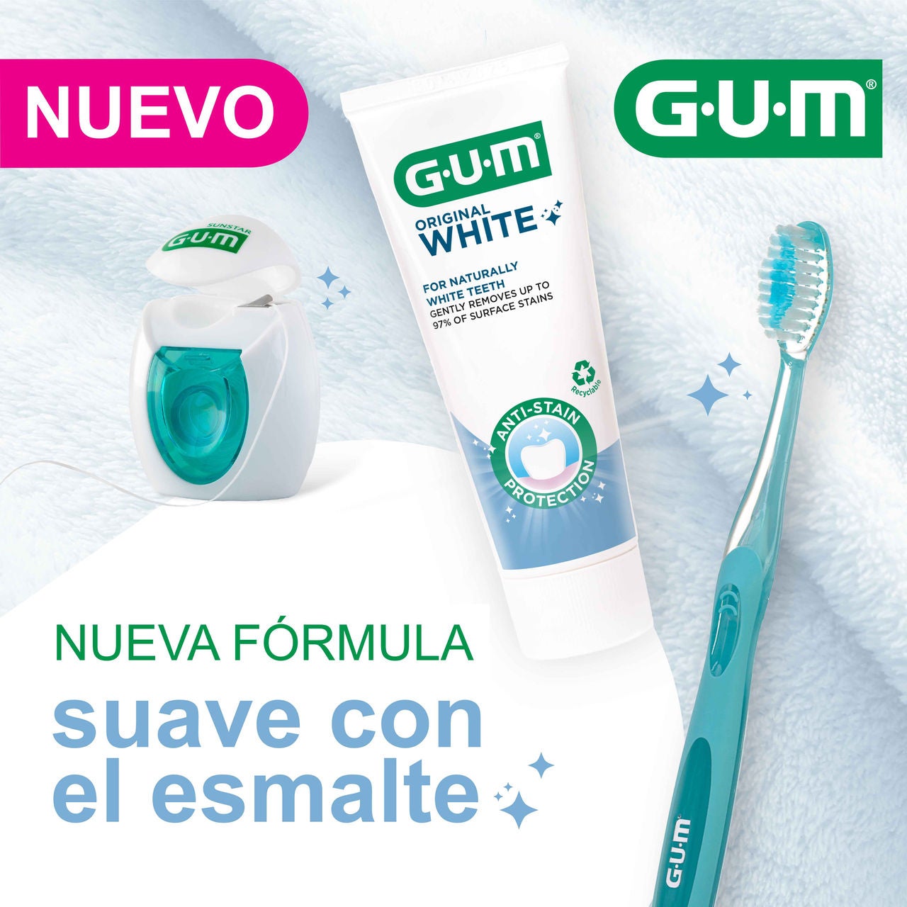 seda, dentífrico y cepillo de la línea blanqueante GUM Original White
