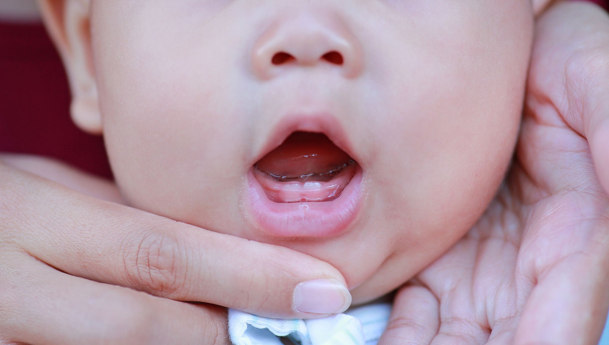 Close-up mother hands open baby mouth to examine first teeth. Infant primary tooth.